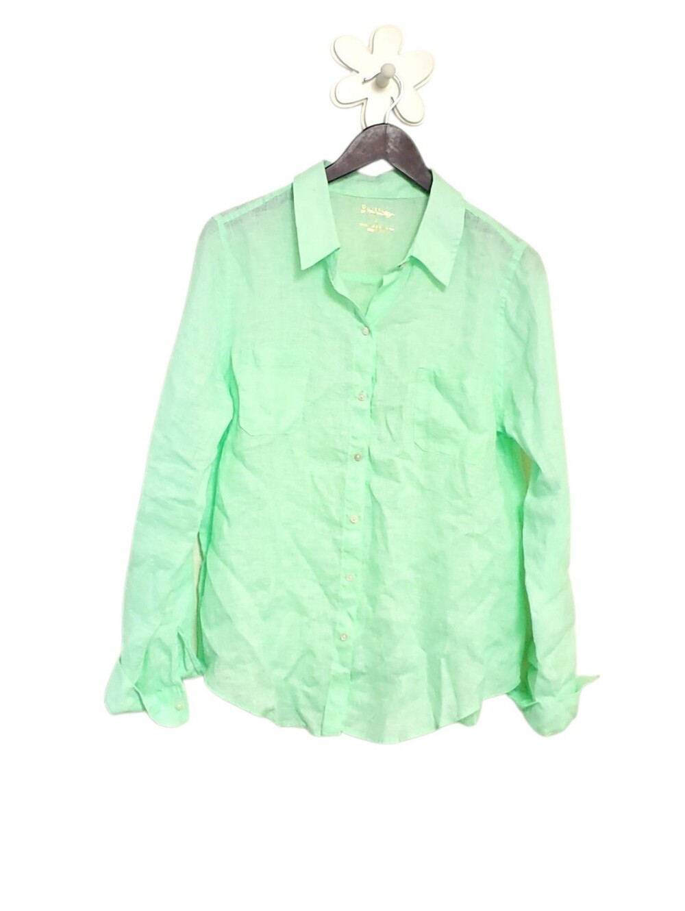 LILLY PULITZER 100% Linen Long Sleeve Button Down Top Sea View Resort Sz L - Picture 2 of 8